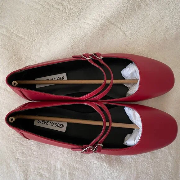 Red Leather Two-Strap Ballet Flats Steve Madden Mary Jane Size 8.5 - Picture 3 of 8